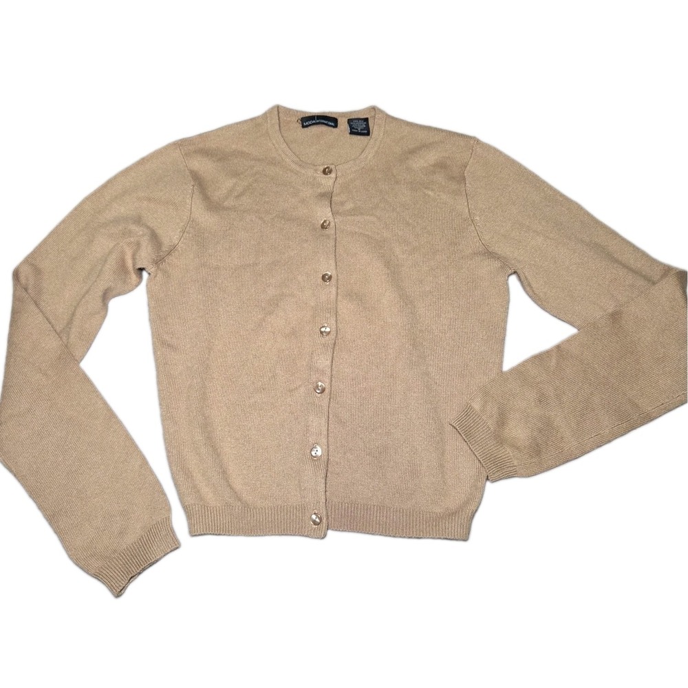 Silk Cashmere Blend Cardigan Sweater Women Small Camel Button Front Quiet Luxury